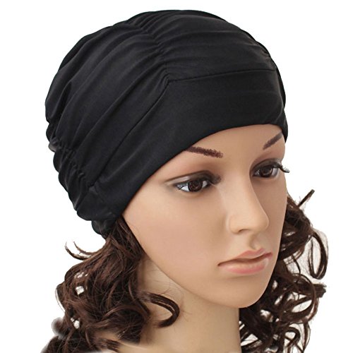 HugeStore Frauen Schwimmkappe Badekappe Badehaube Stoffbade Schwimmhaube Bademütze Swimming Cap Hut Schwarz