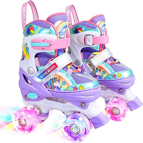 Kinder Einhorn Rollschuhe für Mädchen.Geeignet für 2-4 Jahre alt. Mit Leuchtenden Rädern,4-Pejiijar Verstellbar Anfänger Quad Roller Skates für Weihnachts und Geburtstags Geschenke