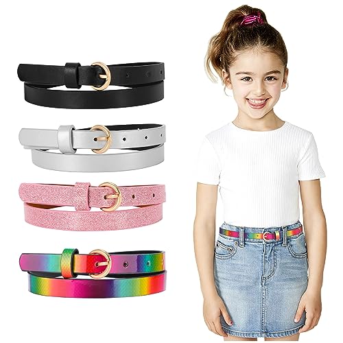 WERFORU 4 Stück Kinder Skinny Gürtel Glitter PU Ledergürtel für Mädchen Bunte Mädchen Gürtel mit Goldschnalle für Jeans Kleid