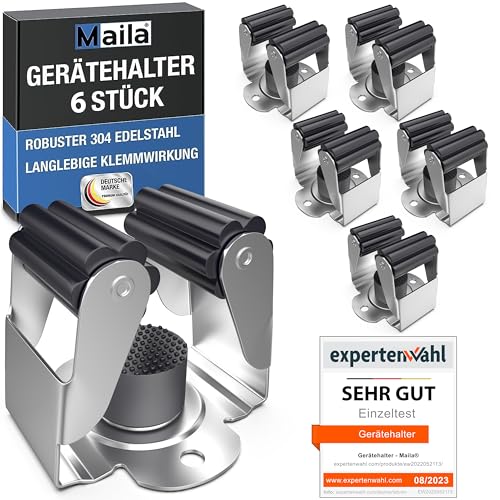 Maila® Gerätehalter (6er Set) - Robuster 304er Edelstahl rostfrei - Besenhalterung Wand mit starker Klemmwirkung, Wandhalterung für Besen, als Werkzeughalter