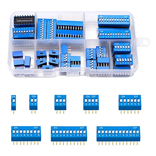 VooGenzek 40 Stück 1 2 3 4 6 8 10 12 Pin Zweireihiger DIP-Schalter, 2.54mm Rutschtyp Roter Kippschalter, für Schaltkreis-Breadboards PCB (Blau)