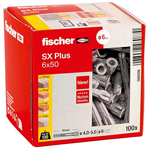 fischer Spreizdübel SX Plus 6 x 50, Schachtel mit 100 Nylondübeln, Dübel für optimalen Halt bei Befestigungen in Beton, Vollziegel, Porenbeton, Hochlochziegel uvm.