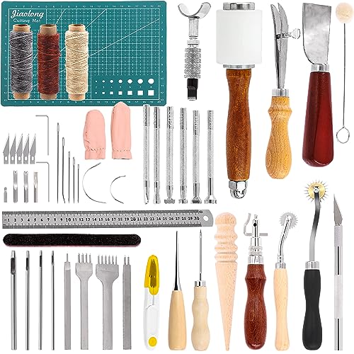 Swpeet 58Pcs Leather Tooling Kit, Essential Leder arbeiten Werkzeuge und Zubehör, einschließlich Leder Locher, flache Meißel, Ahlen, Tracing Räder, multifunktionale Groover, Swivel Messer, Rand
