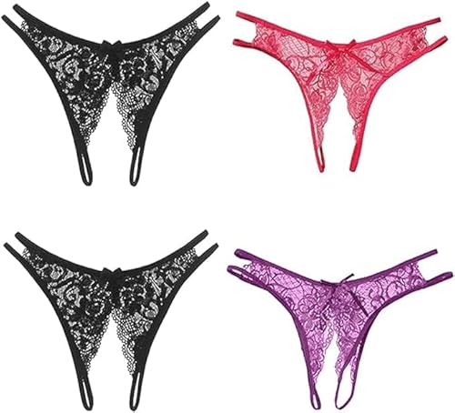 FANSEELM Damen Spitze Sexy Tanga Ouvert Slip Unterhosen Niedrige Taille Offener Schritt V-String Thongs Niedliche G-Strings Erotische Unterwäsche für Erwachsene Offenem Tanga Schritt Höschen 4er Pack