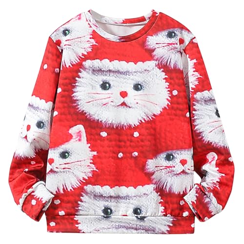 BOVOSHA Mädchen hässliche Weihnachten Rundhalsausschnitt Pullover Kinder 3D Katze drucken Weihnachten Sweatshirt Neuheit rot Pullover (Rot, 8-9T)