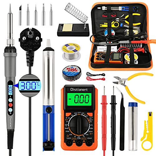 Lötkolben Set, 60W LCD Einstellbare Temperatur 180-500°C Lötkolben, 19PCS mit Digital Multimeter, 6 Spitzen, Lötkolbenständer, Lötzinn, Entlötpumpe, Pinzette, Lötkolben Set für Elektroarbeiten.