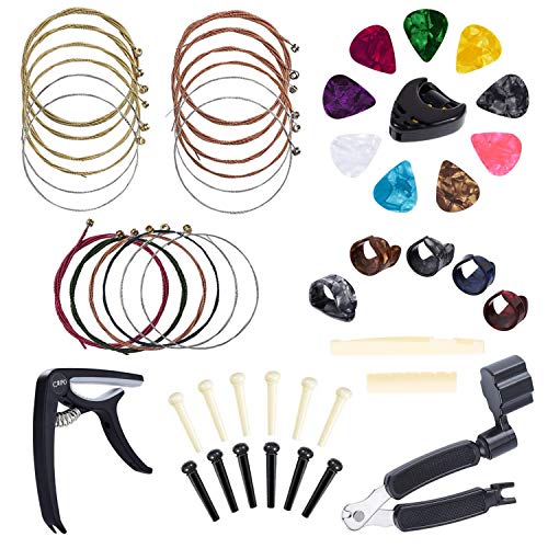 Anvin Zubehör für Gitarren All-in-1 zum Wechseln von Gitarrenwerkzeugen, einschließlich Plektren, Capo, Akustikgitarrensaiten, Saitenwickler, Brückenstiften, Stiftabzieher, Pick-Haltern, Fingerpicks