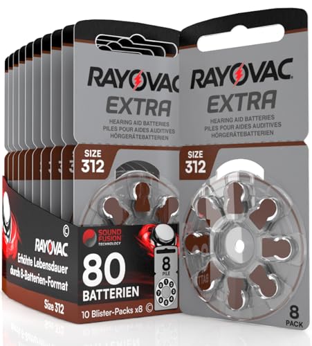 80 Batterien für Hörgeräte Rayovac Extra Größe 312 mit Sound Fusion Technologie - 10 Blister mit 8 Batterien