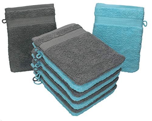 Betz 10 Stück Waschhandschuhe PREMIUM 100% Baumwolle Waschlappen Set 16x21 cm Farbe anthrazit und türkis