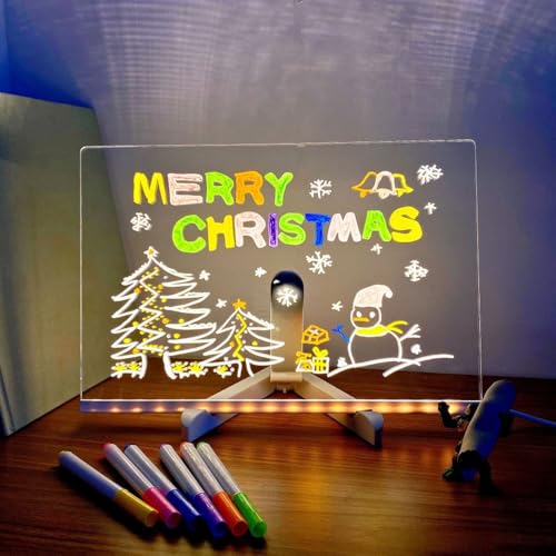 LED-Notiztafel, trocken abwischbare Acryltafel mit Licht, beleuchtete Acryl-Tafel mit Ständer und 7 Farbstiften, Weihnachten, Geburtstag, Muttertag, DIY-Geschenk (300 x 200 x 3 mm)