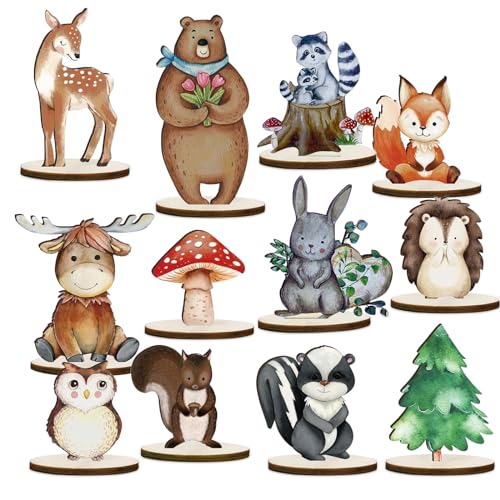 Holz Waldtiere Deko Ornamente,12 Stück Holz Tischdekorationen mit Holzsockel,Niedliche Waldtiere Ornamente,Tortendeko Dschungel,Tischaufsätze für Waldlager für Kindergeburtstag Deko