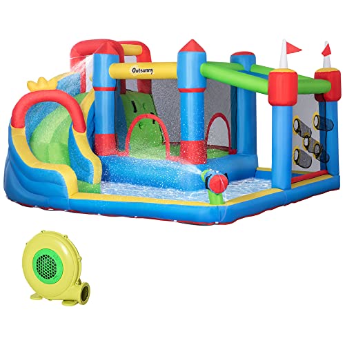 Outsunny Hüpfburg, Wasserpark, Aufblasbare Hüpfburg mit Gebläse, Wasserspielcenter, inkl. Wasserrutsche, Trampolin, Kletterwand, für Kinder ab 3 Jahren, In- und Outdoor, Bunt, 390 x 300 x 197 cm