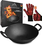 Bergensteiner® Wok aus 100% Gusseisen mit emaillierter Oberfläche | 36 cm ⌀ Groß | Grill, Induktion, Feuer, Gasgrill | Wokpfanne | inkl. Premium Grillhandschuhe