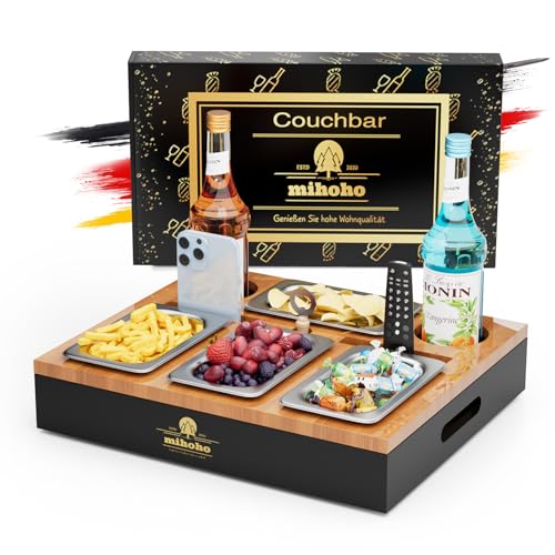 Couchbar, Sofa Organizer auf dem Beistelltische Couchtisch, Couchbar Holz als Bier Geschenke für Männer, Sofatablett Mit Vier Snackschalen und Mehrere Lagerplätze (schwarz)