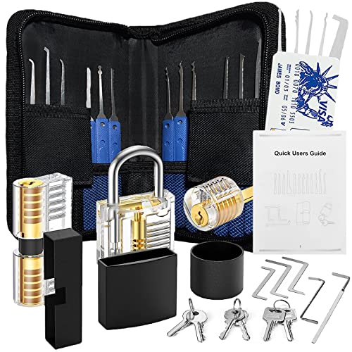 34+3 Lockpicking Set, Stück Dietrich Set, 3 Durchsichtige Schlösser und schwarzer Hut für das Blindentraining, Kostenloser eGuide für Anfänger, für Schlosserei, Anfänger und Profisrleicht, Schwarz
