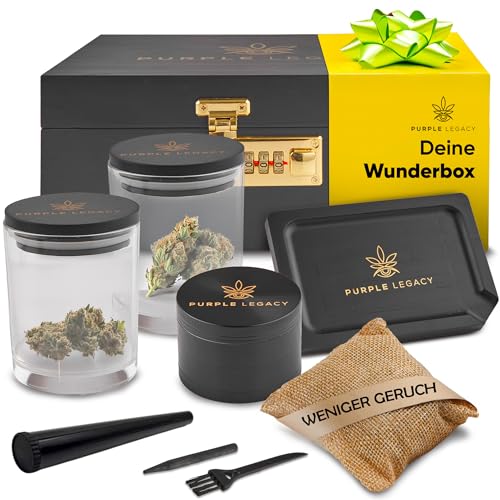 PURPLE LEGACY® Stash Box Abschließbare Box aus Kiefernholz mit Zahlenschloss | Rolltablett Rolling Tray Set und 2x Stash Jar | Grinder Set | Roll-Box mit Schloss