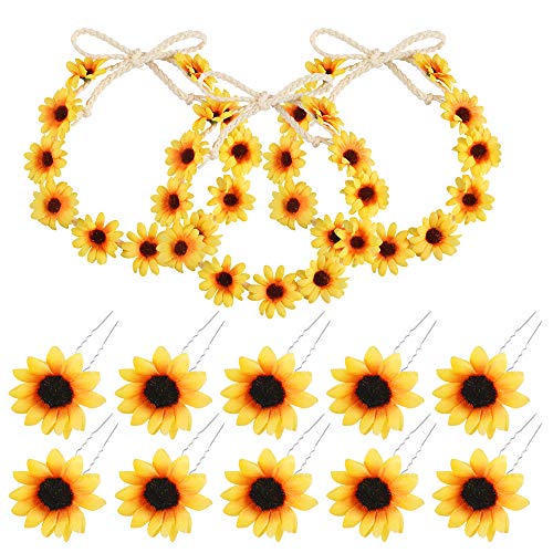 Haarband Blumen Mädchen, 3 Stück Sonnenblumen Stirnband Sonnenblumen Haarschmuck Haarbänder mit 10 Stück Sonnenblumen U-Form Haarnadeln für Mädchen Damen Frauen Kinder Hochzeit Reisen Party