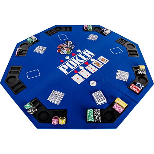 GAMES PLANET Faltbare Pokerauflage „Full House“ für bis zu 8 Spieler, achteckig, Maße 120x120 cm, MDF Platte, 8 Getränkehalter, 8 Chiptrays, blau