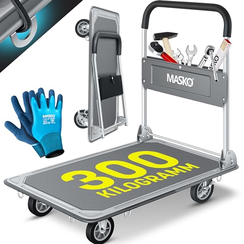 MASKO® Plattformwagen Transportwagen Lagerwagen Klappbar Inkl. Arbeitshandschuhe | 300 kg Tragkraft | Feststellbremse Transporthilfe | Mit 6 Sicherungsösen | 360° Lenkrollen | Paketwagen Klappwagen