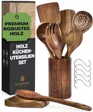 Holz Kochbesteck-Set mit Halter, Pfannenwender Kochlöffel Schöpfkelle Nudelheber Servierlöffel Sieb – mit Haken, Halter und Ablage – 13-teiliges-Set Küchenset – hochwertig & nachhaltig