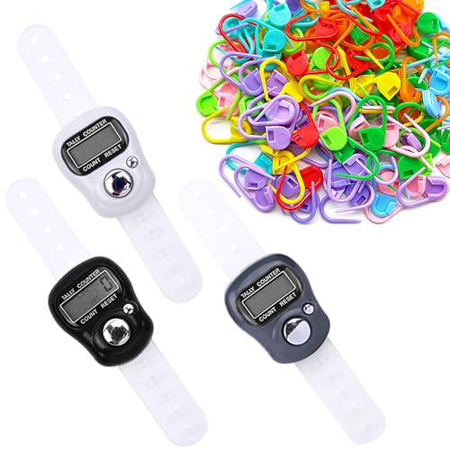 3 Stück Elektronische Fingerzähler,Mini Handzählzähler,Reihenzähler mit LED Rücksetzbare Digitale Fingerzähler,Finger Rundenzähler mit Handring und 50 Maschenmarkierer für Golf Runde Zählen Stricken