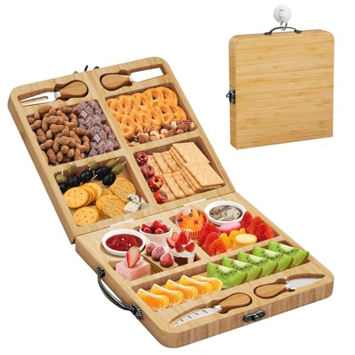 Großes Charcuterie-Brett, faltbares tragbares Käse-Serviertablett, Mehrzweck-Käsebrett-Messer-Set, geeignet für Outdoor, Hochzeitstag, Weihnachten, Erntedankgeschenk (Mittel)