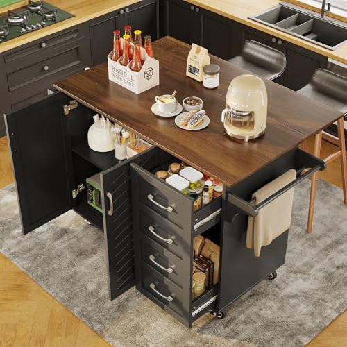 Oslghy Küchenwagen, Kücheninsel, Servierwagen mit Arbeitsplatte klappbar, Küchenschrank, Buffetschrank mit Gewürzregal, Esswagen Anrichte mit Rollen und Verstellbare Trennwände, Schwarz, 107x40x93 cm