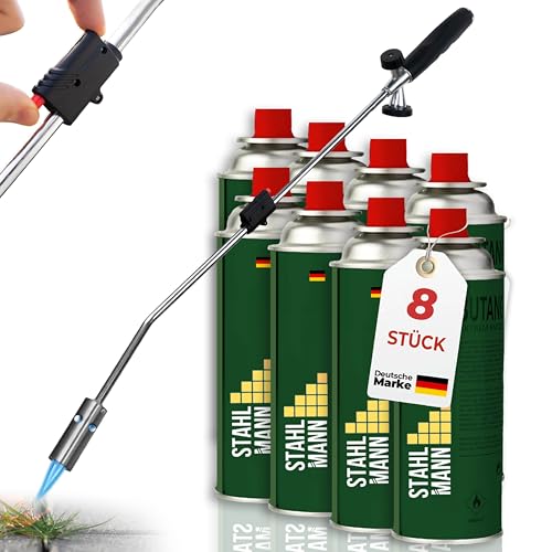 STAHLMANN®Unkrautvernichter inkl. Gaskartuschen - stabiler Unkrautbrenner mit Piezozündung stufenlos regulierbar – Unkrautentferner Gerät mit ergonomischen Griff (8 Kartuschen)