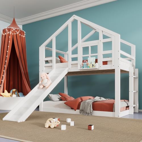 ZYLOYAL10 Kinderbett Hausbett Baumhaus Rausfallschutz 90 x 200 cm,Hochbett für Kinder–Kinderbett mit rausfallschutz 2X Lattenrost- 2 Schlafplätze- Weiß (Ohne Schublade)