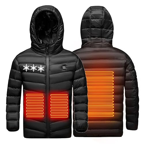 Beheizte Jacke Kinder Sale, USB Elektrische Heizjacke Beheizbare Jacke mit Kapuze Warme Pufferjacke mit 3 Heizstufen Beheizbare Weste Wasserdicht Winddicht Beheizbarer Hoodie für Schule Skifahren