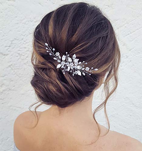 Zoestar Braut Hochzeit Haarkämme Blume Perle Kopfschmuck Braut Kristall Blatt Haarschmuck für Frauen und Mädchen (Silber)