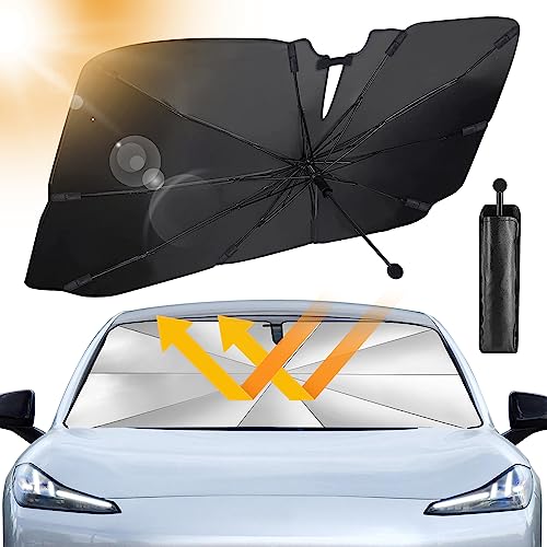 JelKen Auto Sonnenschutz Frontscheibe, [2024 Upgrade] 360° Drehbar Faltbar Auto-Sonnenschirm - Carbonfaser-Skelett, Wärmeisolierter, Effizienter UV-Schutz (145 x 83 cm)…