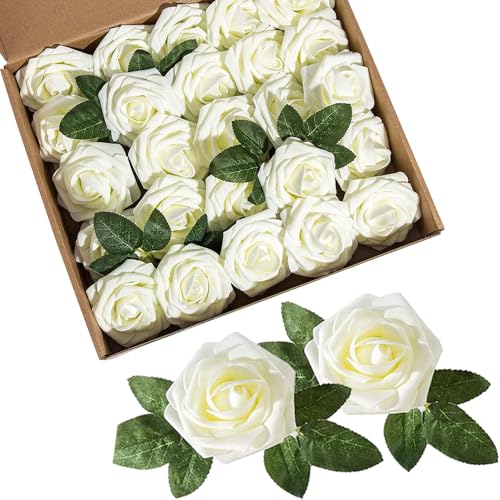 Coztie Künstliche Rosen, 25 Stück Schaumrosen, Gefälschte Kunstrose für DIY Hochzeit Blumensträuße, Braut Zuhause Dekoration - Weiß