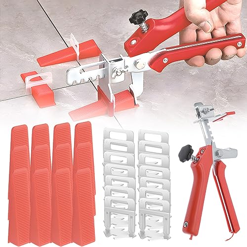 Fliesen Nivelliersystem 2mm Set - Fliesenverlegehilfe 2mm 400 Zuglaschen + 100 Fliesenkeile +1 Fliesenzange für Fugenbreite Fliesen Verlegehilfe (Fliesen nivelliersystem set 2mm)