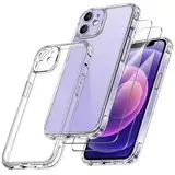 Qasyfanc Handyhülle Kompatibel mit iPhone 12, Hülle mit Kameraschutz und 2 Stück Schutzfolie, Hard PC Nie Vergilbung Case Transparent Militärschutz Kratzfest Fallschutz Schutzhülle, Klar