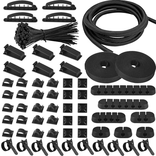 Moseem Kabelmanagement Kit, 1 Kabelschläuche(2m),7 Silikon Kabelhalter,10 Klebesockel,10Pcs+2 Rolle Selbstklebende Klettband,30 Kabelclipshaltern,100 Kabelbinder für TV, PC, Schreibtische und Autos