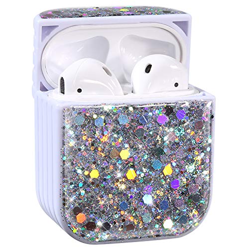 Herbests Kompatibel mit Apple AirPods 1 & 2 Hülle Hardcover Schutzhülle Glänzend Bling Glitzer Stern Schutzhülle Hart PC Hülle Ladecase Kratzfest Stoßfeste Cover für AirPods Ladetasche,Silber