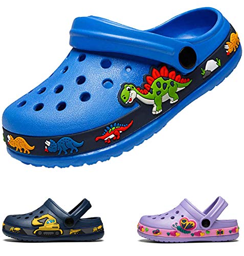 DRECAGE Unisex Kinder Clogs Pantoffeln Dinosaurier Gr.24-30 EU, Eva Gartenclogs Gummi Badeschuhe Hausschuhe für Jungen Mädchen 26 EU Blau