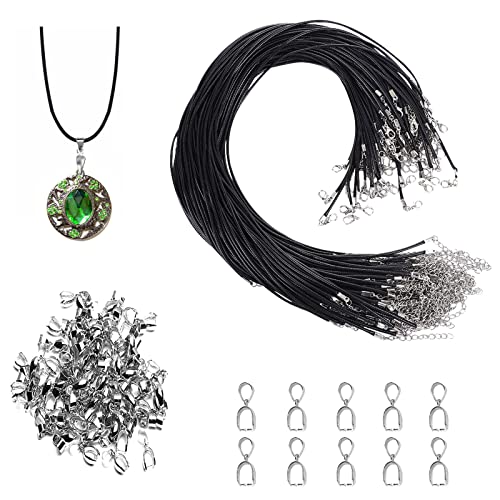 MIPIACE 120 Stück Lederband Kette mit Verschluss Schwarze Gewachste Halskette Schnur Lederkette Ohne Anhänger für Damen Herren DIY Schmuck Zubehör (60 Lederband Kette 50cm, 60 Anhängerschlaufe Ösen)