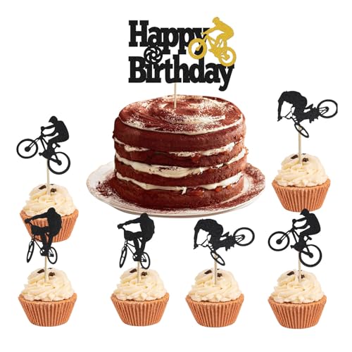ALEGRE Fahrrad Tortendeko Geburtstag 13 Stück Glitzer Cake Topper Fahrrad,Happy Birthday Kuchendeko Schwarzes,Fahrrad Cupcake Topper Sport Thema Party Dekoration,Fahrrad Deko Torten für Mann Junge