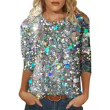 Glitzer Oberteile Damen Festival Outfit Rave Pailletten Oberteil Pullover Silvester Tops 3/4 Arm Festliche Blusen Glitzershirt Elegant Langarm Party Glitzerbluse für Frauen Tunika Festlich Shirt