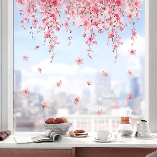 Tanlaby Rosa Kirschblüte Blume Fensterbilder Frühling Hängende Blumen Fensterfolie Selbsthaftend Wiederverwendbare Doppelseitige Statische Anti-Kollision Home Glas Fenster Türen Fensterdekoration