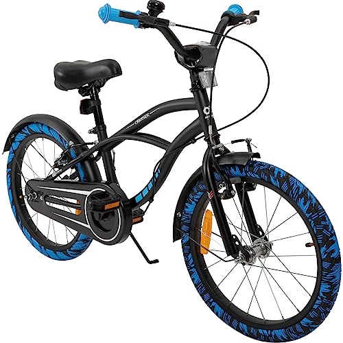 Actionbikes Kinderfahrrad Cruiser - 18 Zoll - V-Brake Bremsen - Freilauf - Kettenschutz - Fahrradständer - Luftbereifung - Kinder Fahrrad - Kinderrad - Von 5-8 Jahren (Cruiser 18 Zoll Schwarz/Blau)