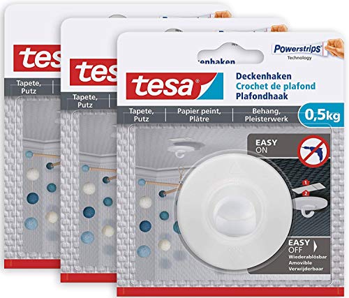 tesa Deckenhaken Tapeten & Putz -3er-Pack - selbstklebender Haken - ideal zur Befestigung von Deko-Objekten - hält bis zu 0,5kg/Haken - spurlos ablösbar