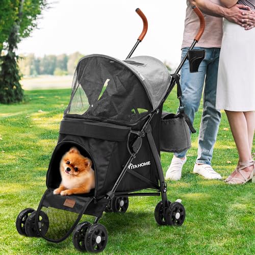 YITAHOME Tragbarer Hundebuggy, Hundewagen bis 11.3 kg, Faltbar klappbar, Haustiere Buggy mit Netzfenstern, Jogger Katzenbuggy für kleine Hunde Katzen, Haustier-Kinderwagen (Grau Schwarz)