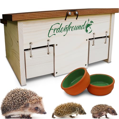 ERDENFREUND® Igelfutterhaus mit Rattenklappe + 2er Set Wasser- & Futternapf Igelhaus mit Rattenklappe artgerecht 2 Labyrinth Eingänge & Dachverschluss(Igelfutterhaus inkl. 2er Set Wasser-& Futternapf)