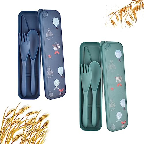 Besteck Set mit Etui, 2PC Camping Besteck Reisebesteck-Set, Kunststoff Besteck-Set Messer Löffel Gabel, Campingbesteck Wiederverwendbar Utensilien Set with Muster für Picknick Reisen(Blau+Grün)