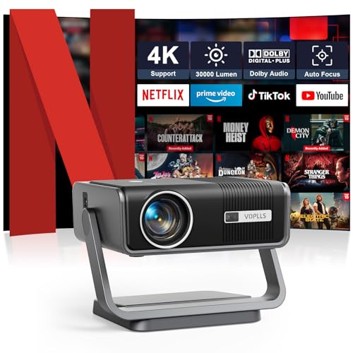 Smart Beamer 4K【Netflix Official & Dolby Audio】 30000L Auto Fokus/6D Trapezkorrektur Beamer Full HD 1080P, VOPLLS WiFi6 Bluetooth Unterstützt 4K Video Beamer Heimkino/Outdoor für PS5/ Handy Projektor