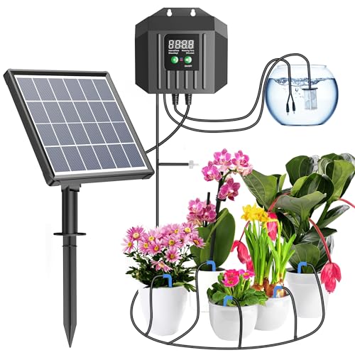 Biling Solar Bewässerungssystem Balkon, 7,5W 15M Automatische Bewässerung für Pflanzen im Urlaub mit Timer, Solar Tropfbewässerung für Garten Gewächshaus Blumen, Eitersparnis und Umweltbonus