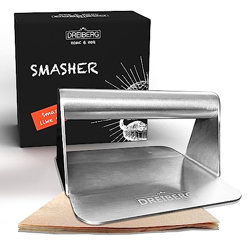 DREIBERG® Grillpresse Set inkl. Burgerpapier – Burgerpresse Edelstahl für Smash Burger. Burger Smasher. Smashed Burger Presse für Grill, Pfanne & Teppanyaki Platte